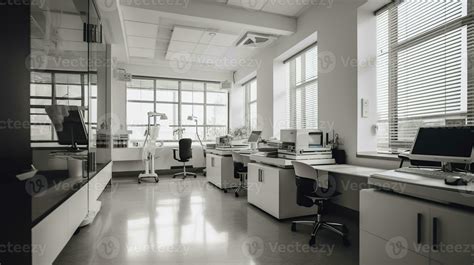 Interior of modern medical office with doctor's workplace and big