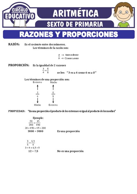 Ejercicios De Razones Y Proporciones Para Sexto De Primaria Circulo Educativo RazÓn Es El