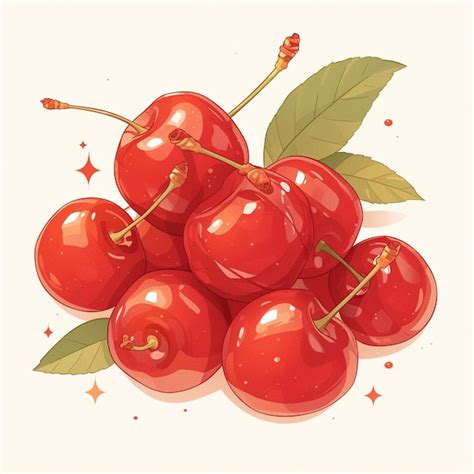 Premium Vector Red Cherries With Stems And Leaves