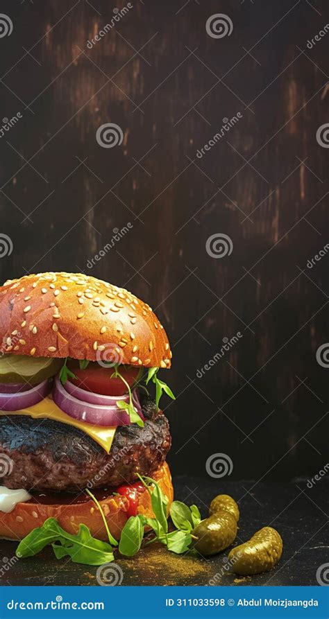 Tasty Handmade Burger Showcased Attractively On Dark Backdrop Banner