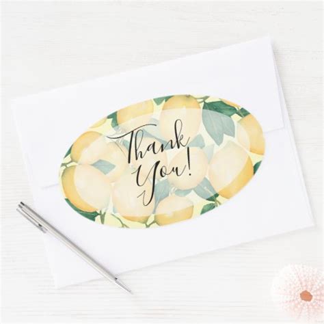 Watercolor Lemon And Greenery Thank You Oval Sticker Zazzle