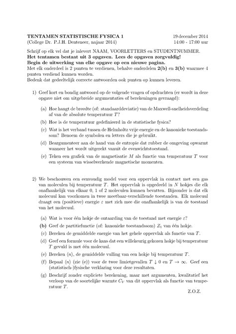 Tentamen 19 December 2014 Vragen En Antwoorden TENTAMEN STATISTISCHE