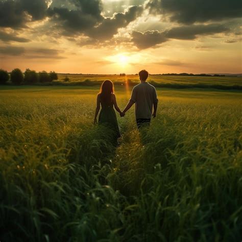 Casal De Passeio Rom Ntico Ao P R Do Sol De M Os Dadas Em Um Campo