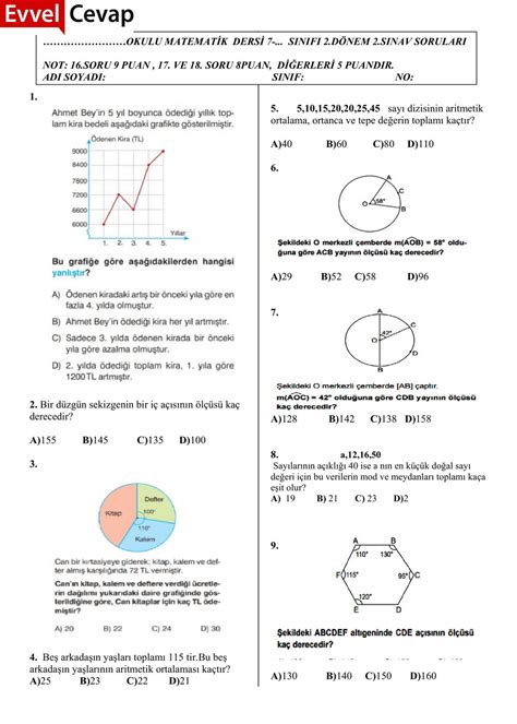 7 Sınıf Matematik 2 Dönem 2 Yazılı Soruları 2018 2019