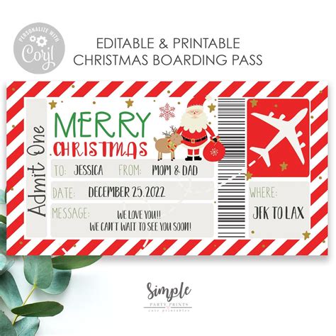 Printable Christmas Boarding Pass Template Surprise Trip Etsy