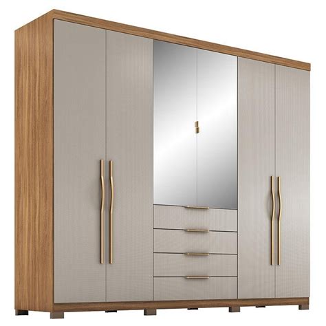 Guarda Roupa Casal Giardino 6 Portas 4 Gavetas Amêndola nude Prime Espelho e Pés Demóbile