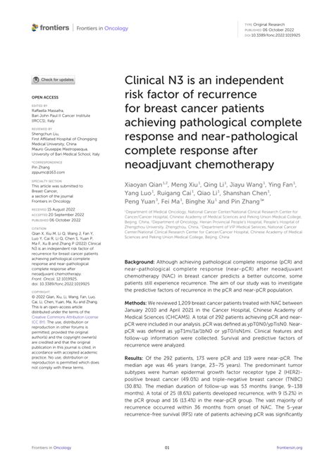 PDF Clinical N3 Is An Independent Risk Factor Of Recurrence For