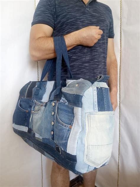 Large Travel Denim Bag Weekender Bag Of Recycled Jeans Jean Overnight Large Bag Denim Tote Of