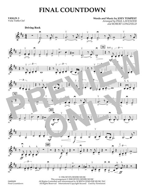 Final Countdown Arr Paul Lavender And Robert Longfield Violin 3 Viola Treble Clef By