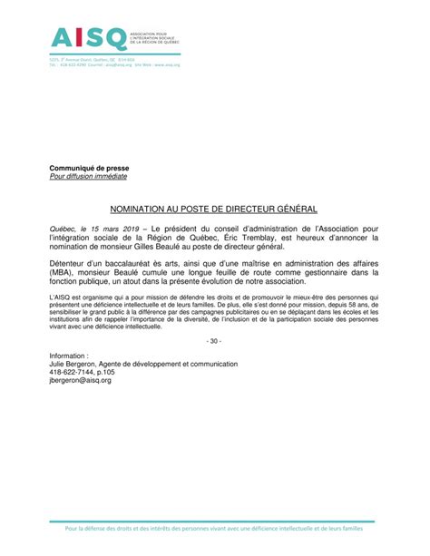 Communiqu De Presse Nomination Au Poste De Directeur G N Ral Aisq