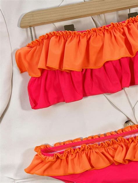 Дамски бански с волани Color Block Tiered Layer Bandeau Bikini Swimsuit EMMA
