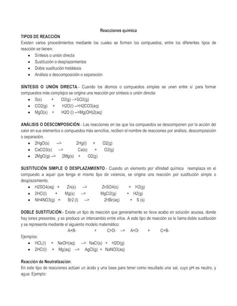 PDF Reacciones química TIPOS DE REACCIÓN SÍNTESIS O PDF