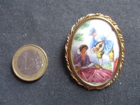 Broche Ancienne Came Porcelaine De Limoges Monture En Metal Dore Eur