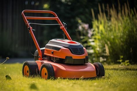 Premium Photo Lawn Mower On The Grass In The Garden Gardening