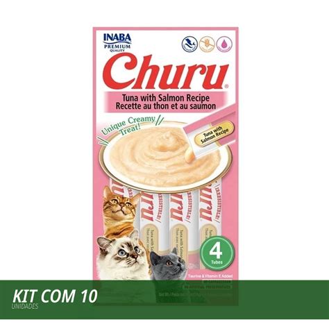 Kit 10 Churu Purê para Gatos Sabor Atum Salmão 4 Sachês de 14 g