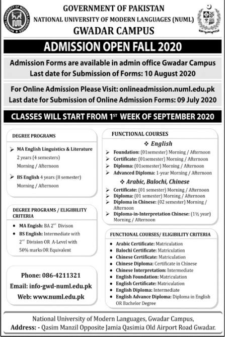 NUML Gwadar Announces Master S MA MSc Admission 2024 Online