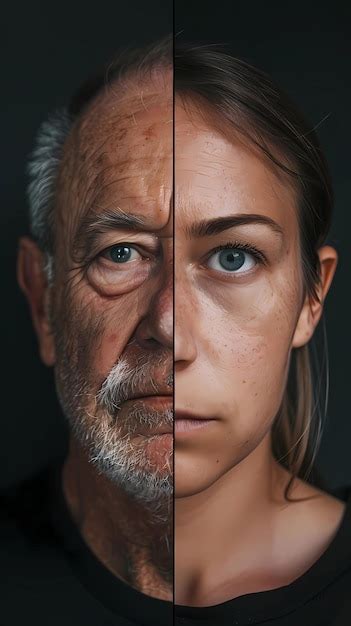 Retrato de un anciano con arrugas en la cara antes y después del