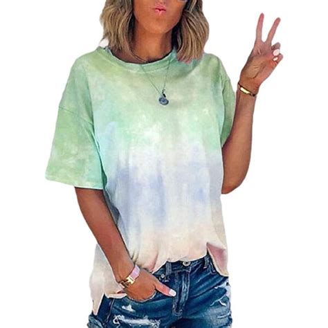 Meldvdib Women Summer Tie Dye Plus Size T Shirt Short Sleeve Round