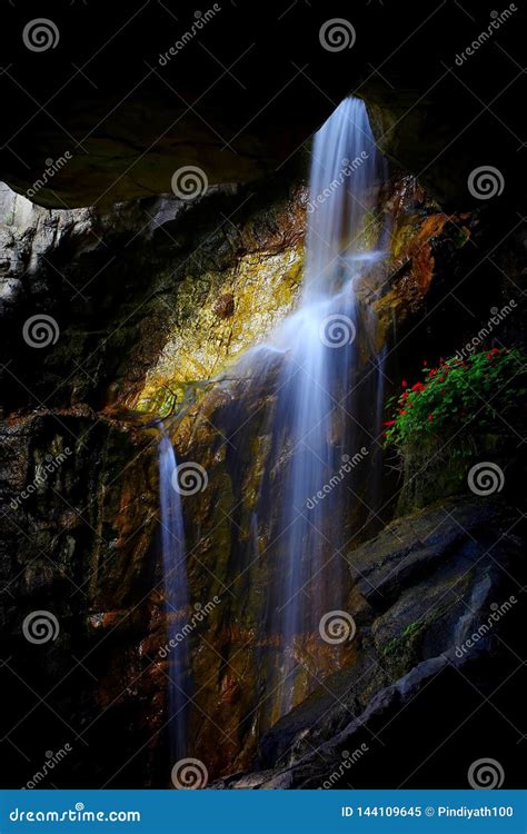 Underground Cave Waterfall Between Rock Formations Stock Image Image