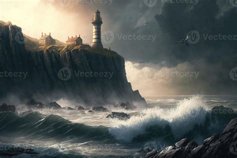 Dramatic Coastline With Towering Cliffs Crashing Waves And A