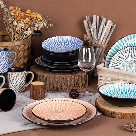 Hot Selling Embossed With Reactive Glaze Stoneware Dinnerware Set China Multi Color And