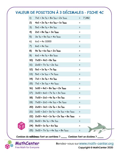 Cm Fiches De Travail Valeur De Position D Cimale Math Center