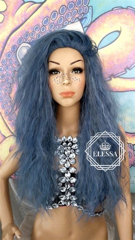 Long Big Hair Volume Fluffy Diva Wig With Bangs Sea Blue Mixed Etsy Big Volume Hair Wigs