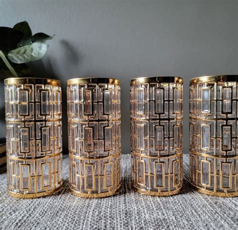 Iconic Mid Century Imperial Glass Shoji 22k Gold Block Trellis Highball Glasses Set Of 6 Etsy