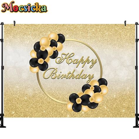 Happy Birthday Backdrop Shiny Black Gold Balloon Background String