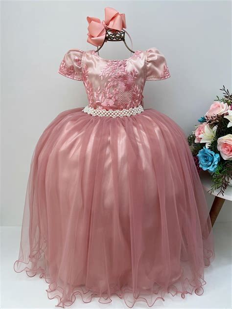 Vestido Infantil Rose Renda Damas Longo C Cinto P Rolas Rosa