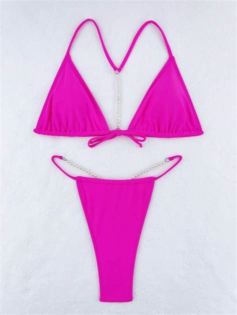 SHEIN Swim SXY Pearls Detail Halter Triangle Bikini Swimsuit SHEIN USA