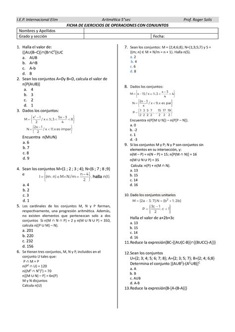 Practica De Operaciones Con Conjuntos I E Internacional Elim