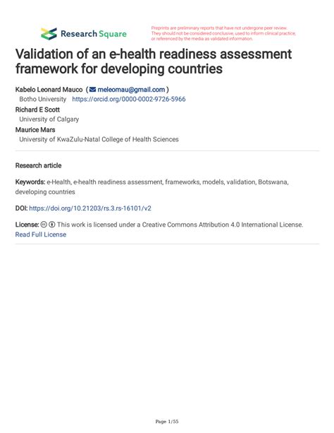 Pdf Validation Of An E Health Readiness Assessment Framework For Developing Countries