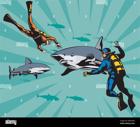 Illustration of a scuba divers and sharks swimming done in retro style Stock Vector Image & Art ...