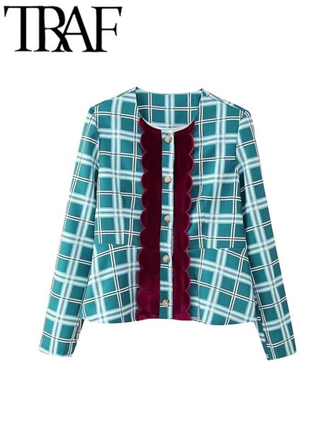 TRAF Elegant Women Checkered Velvet Patchwork Short Suit Jacket Long