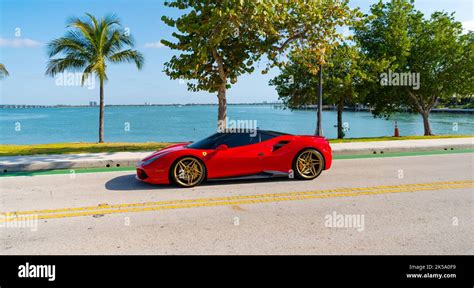 Miami Beach Florida Usa April 15 2021 Red Ferrari Sf90 Stradale