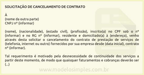 Modelo de Carta de Solicitação de Cancelamento de Contrato