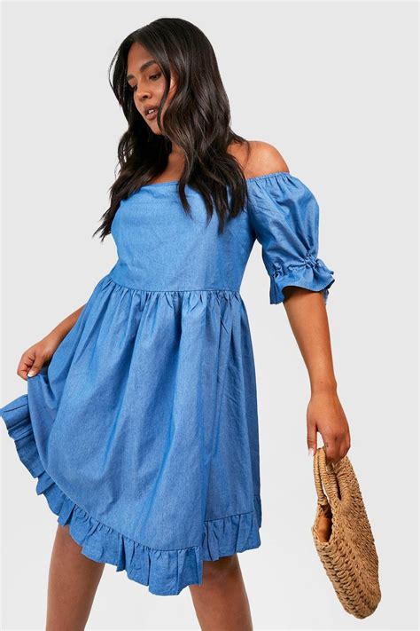 Plus Chambray Puff Sleeve Smock Dress Boohoo Uk