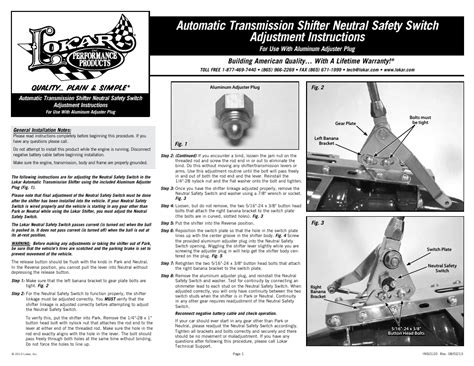 Lokar Automatic Transmission Shifter Neutral Safety Switch User Manual