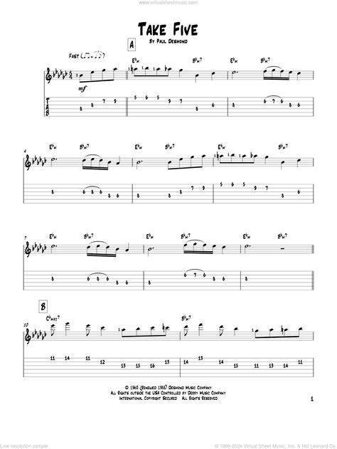 Desmond Take Five Sheet Music For Guitar Solo PDF