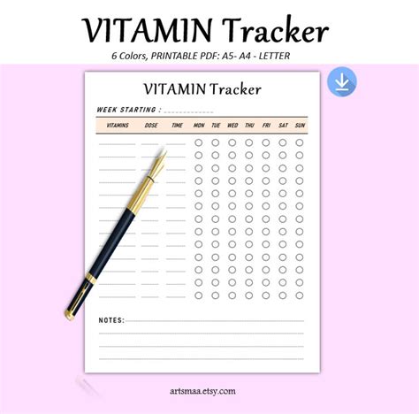 Vitamin Tracker Printable Daily Vitamin Checklist Weekly Supplement