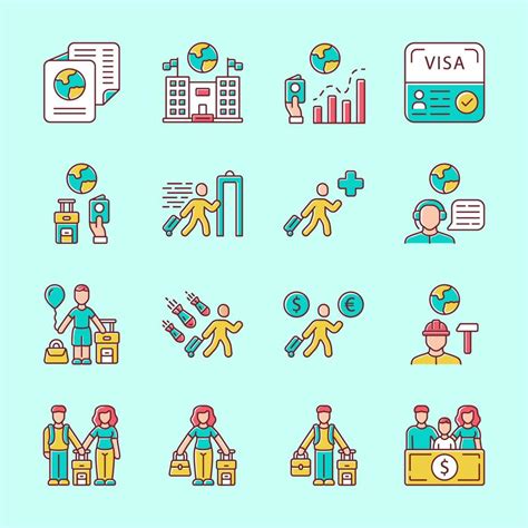 Immigration Yellow Color Icons Set Travel Abroad Security Check Trip