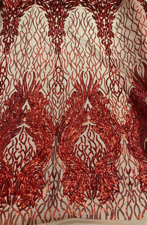 Red Damask Sequin On Stretch Nude Mesh Fabirc Wide Etsy