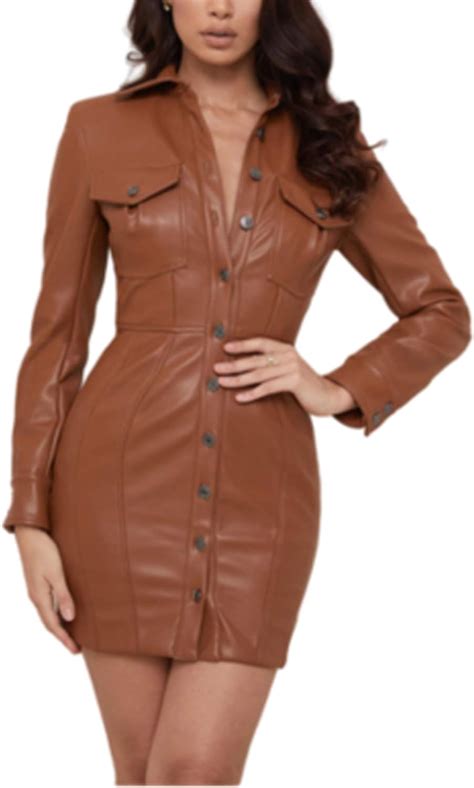 Women Pu Leather Mini Dress Lapel Neck Long Sleeve Buttons Open Back