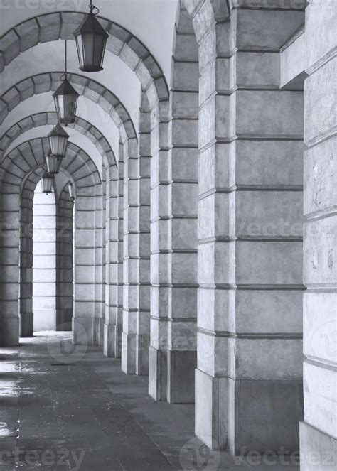 The Arched Stone Colonnade With Lanterns Concept Photo Urban