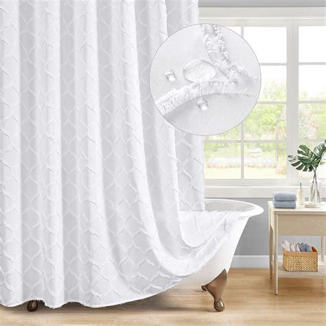 Mitovilla White Boho Fabric Shower Curtain With Tufted Modern Farmhouse Cloth