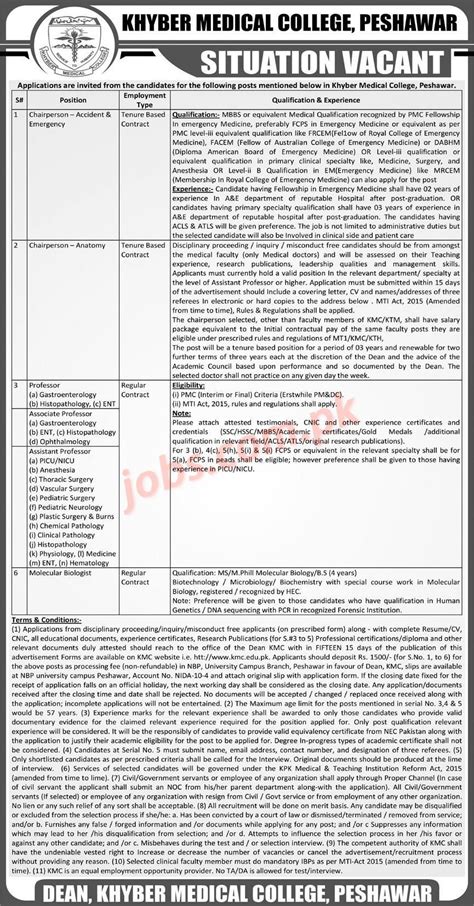 Khyber Medical College Peshawar Jobs 2023 For Teaching Faculty And Non