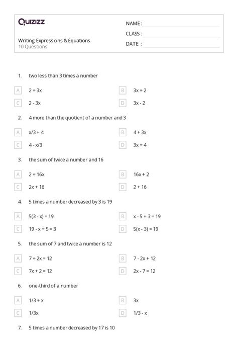 Understanding Expressions And Equations Worksheets For Th Grade On