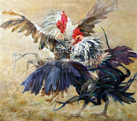 A Painting Of Two Roosters Fighting Each Other In A Field With Grass