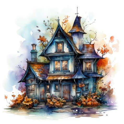 Watercolor Haunted House Clipart Illustration Generative Ai Premium